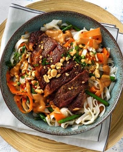 Chilli Steak and Rice Noodle Salad - Peanut lime dressing