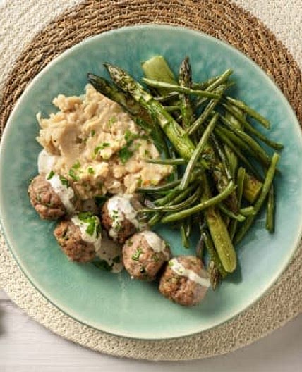 Pork Meatballs & Creamy Dijon Sauce

With Butter Bean Crush