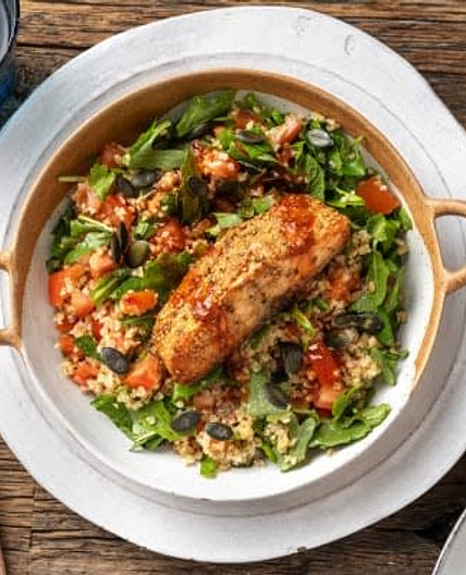 Lemon & Zahtar Salmon

with a Herby Bulgur Salad and Harissa Dressing
