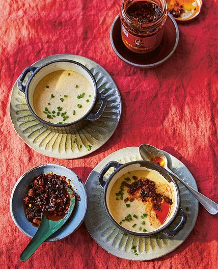 steamed egg custArd with crispy chilli oil