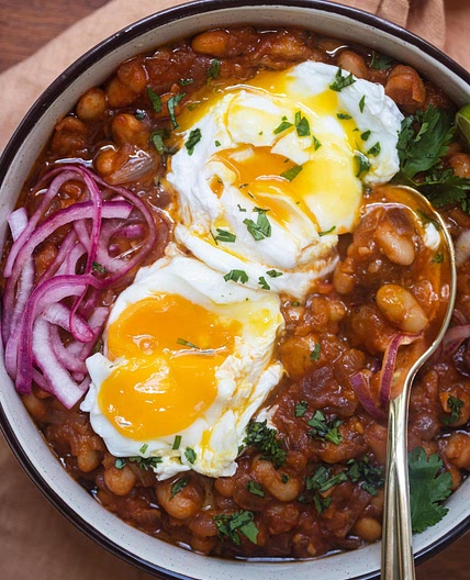 Recipe: Smoky White Beans With Poached Eggs And Pickled Onion