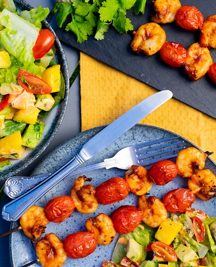 Sticky BBQ Prawns, Mango and Avocado Salad by Pureety