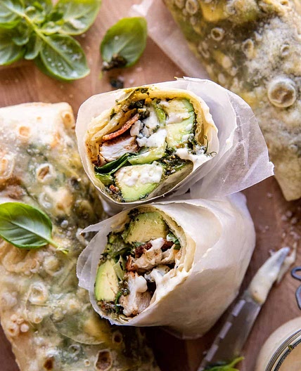 Pesto Chicken and Avocado Bacon Salad Wraps