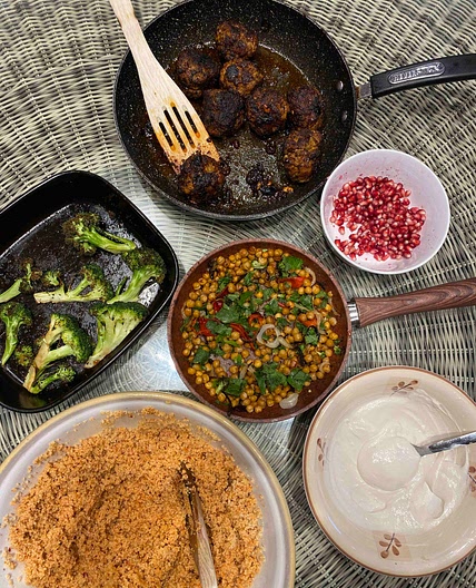Lamb meatballs with crispy chilli chickpeas, mint and tahini