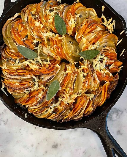 Brown Butter Root Vegetable Gratin with White Cheddar and Sage