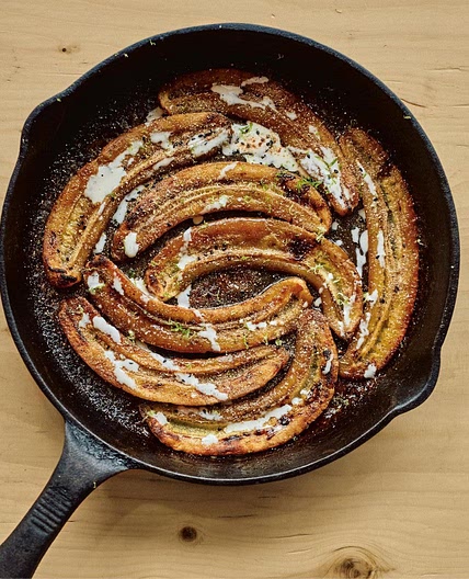 Sticky miso bananas with lime and toasted rice