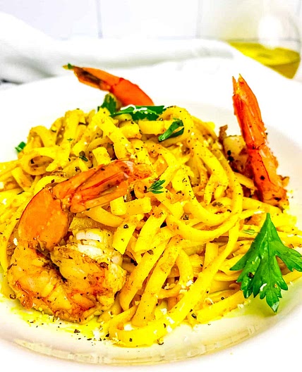 Curry Fettuccine with Jerk Shrimp