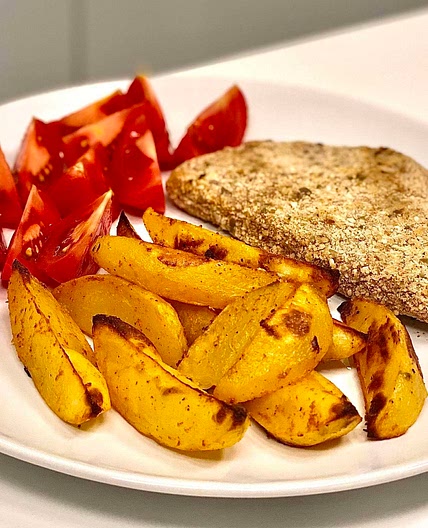Sesame-Crusted Seitan with Potato Wedges