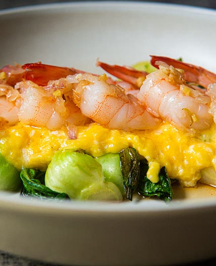 Charred Baby Bok Choy with Shrimp and Eggs 
