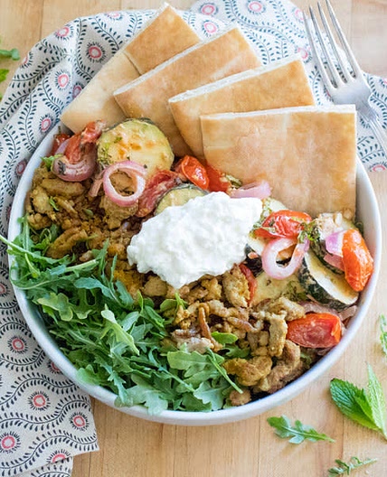 Turkey Shawarma Bowl with Creamy Feta & Tahini-Garlic Vegetables