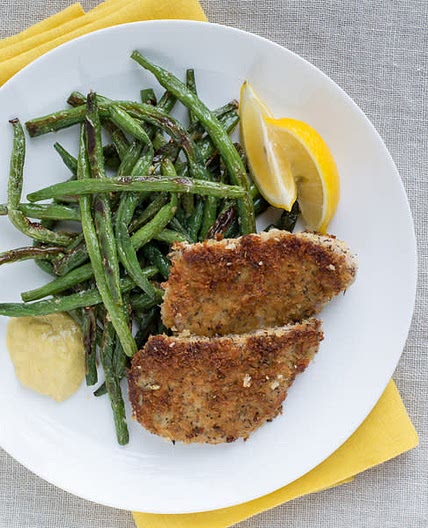 Mustard Pork Schnitzel with Roasted Parmesan Green Beans