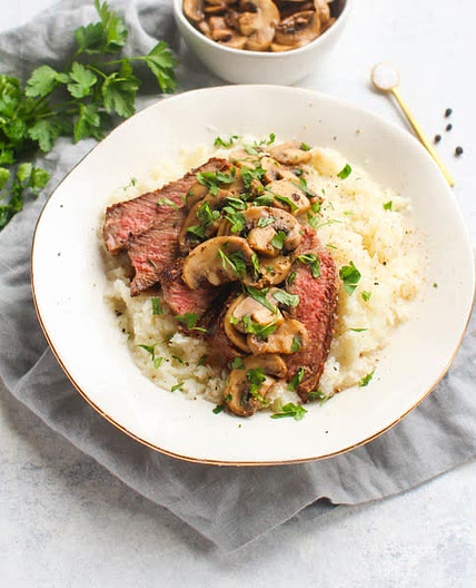 New York Strip Steak with Mushroom Sauce & Cauliflower Puree