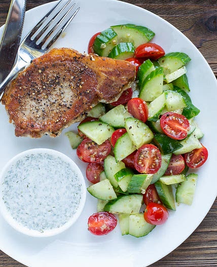 Pan-Fried Pork Chops with Yogurt Sauce & Tomato-Cucumber Salad