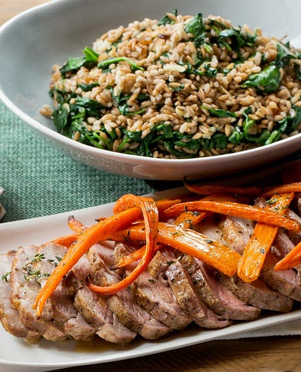 Roasted Pork & Spinach-Farro Salad
with Thyme-Roasted Carrots