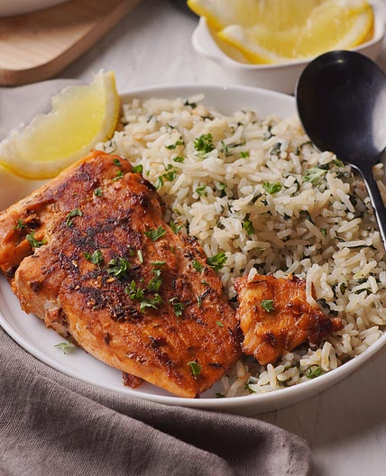 Simple Blackened Salmon With Spinach Rice