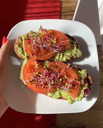 Toast with avocado, tomatoes and sprouts