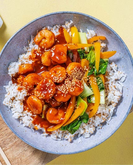 Gochujang Sugar-Glazed Shrimp with Seasoned Rice