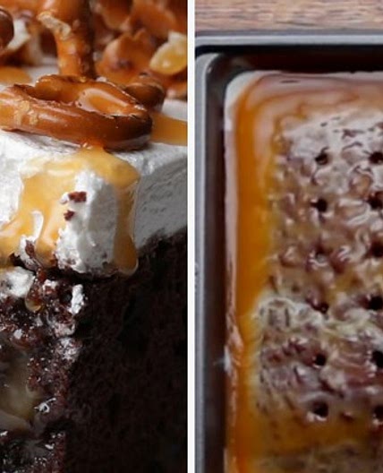 Chocolate Pretzel Poke Cake