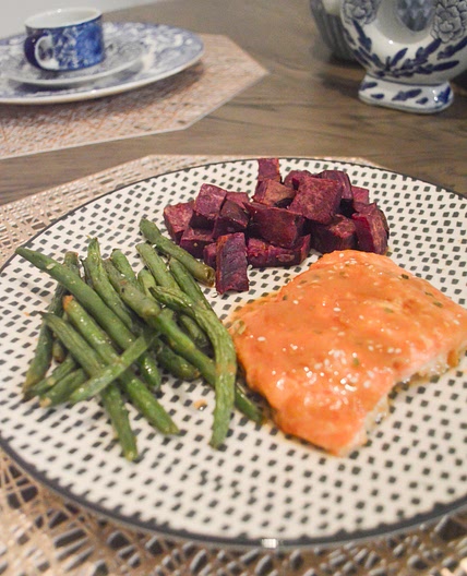 Miso Salmon with Roasted Purple Sweet Potatoes & Green Beans