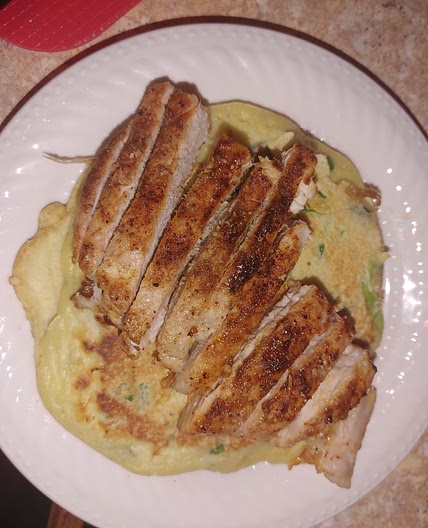 Chive pancakes topped with BBQ pork