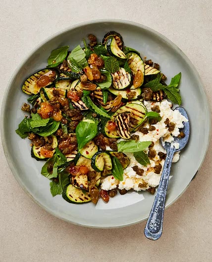 Grilled courgettes with garlic ricotta, raisin agrodolce and crisp capers