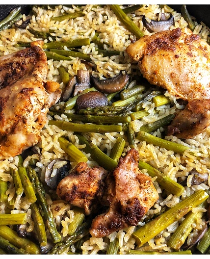 Chicken Thighs with Asparagus and Mushroom Rice