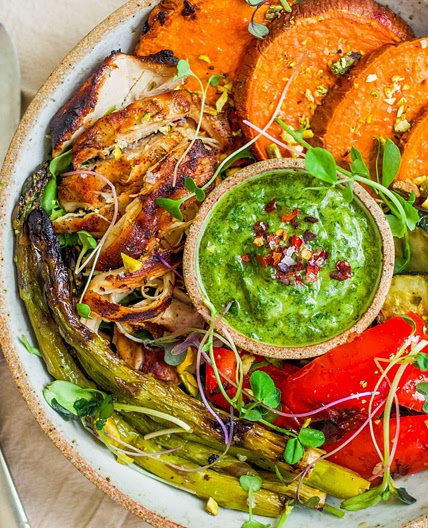 Healthy + Easy Grilled Chicken + Veggies w/ Chimichurri Sauce