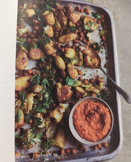 Leek & potato tray bake with quick romesco