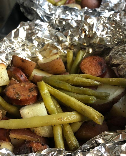 Green bean, Potato, and Sausage foil packet
