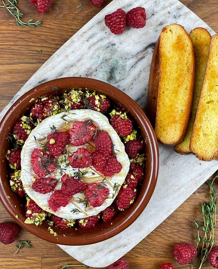 Baked Camembert with Raspberries, Honey and Pistachios