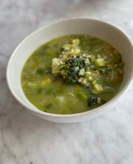 Spring Vegetable and Barley Soup with Pesto — NuCook
