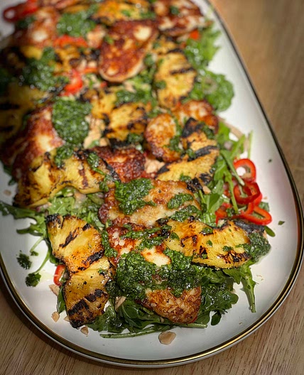 Grilled Pineapple + Halloumi Salad with Sweet Peppers and Herby 