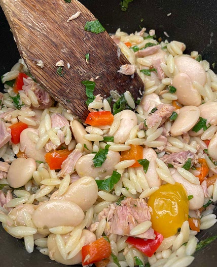 Warm tuna, bean and orzo salad