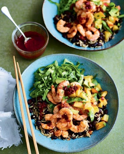 Harissa prawn bowls with peach salsa