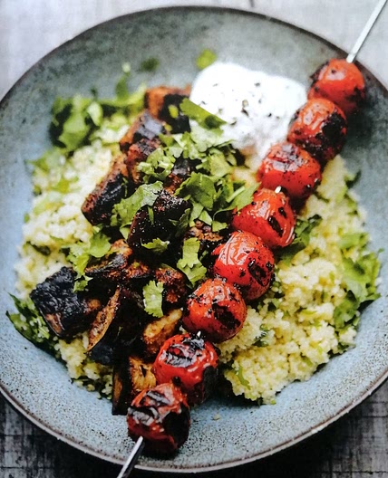 Moroccan spiced aubergine and tomato with minted yoghurt dressing