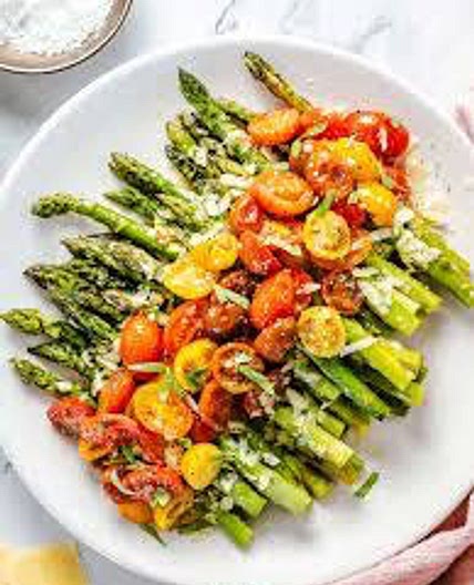 Baked cheesy asparagus with black beans and feta