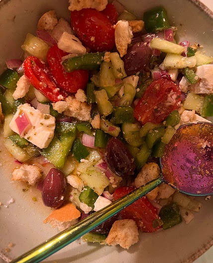 Greek salad with baby plum tomatoes and cretan barley rusks
