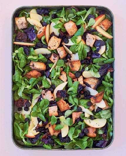 ROASTED RED CABBAGE WITH CRISP GARLIC CROUTONS, APPLE, RAISINS & LAMB’S LETTUCE
