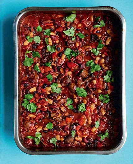 THREE BEAN CHILLI WITH AVOCADO SALSA