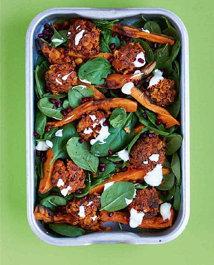 CANNELLINI BEAN FALAFEL WITH POTATO WEDGES, SPINACH & POMEGRANATE