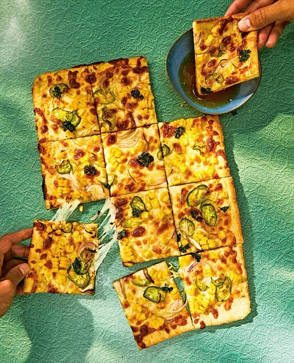 Cheesy Corn and Ranch Pizza with Black-Pepper Honey