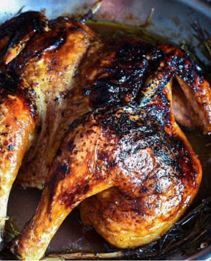 Skillet Roasted Pomegranate Spatchcock Chicken