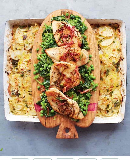 GOLDEN CHICKEN BRAISED GREENS & POTATO GRATIN