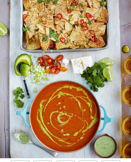 MEXICAN TOMATO SOUP CHILLI NACHOS, VEGGIE & FETA SPRINKLES