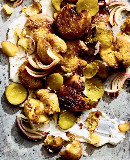smash-fried potato salad with sweet pickles & red onion