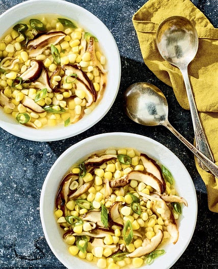 spicy corn soup with shiitakes & green onions