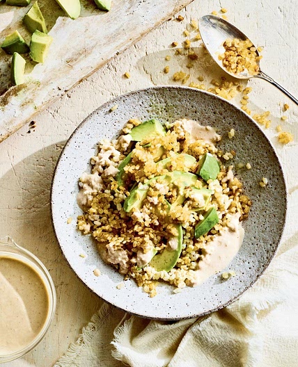 scorched rice with avocado & horseradish tahini