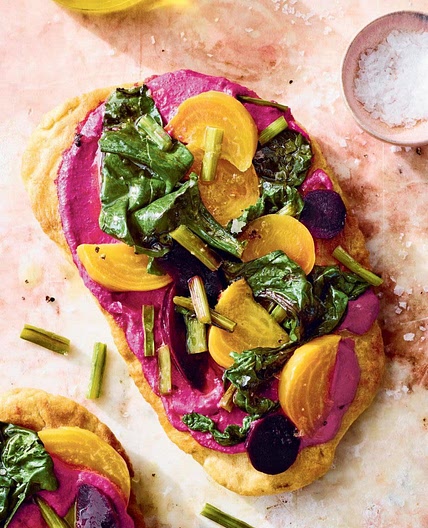 flatbread with beet yogurt & greens