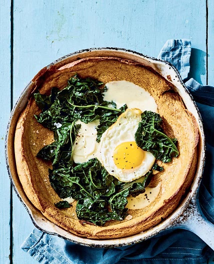 rye puff pancake with greens & eggs