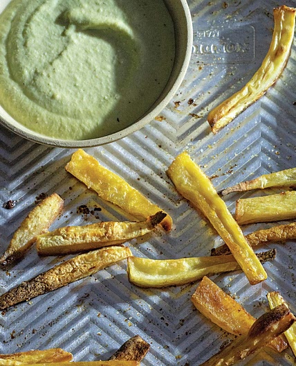 Crispy Parsnip Fries with Green Chili + Sunflower Seed Romesco